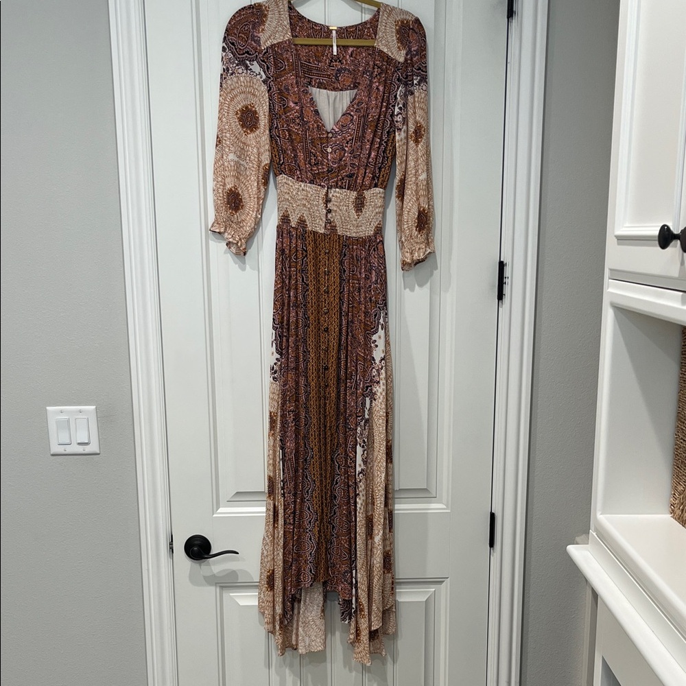 Free People Long Sleeve Patchwork Dress - Brown and Cream- Size small